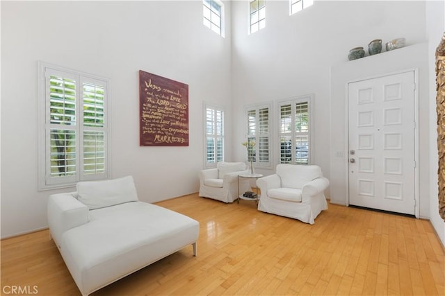 living area with light wood finished floors and a high ceiling