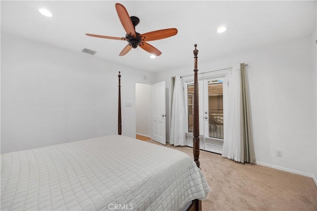 bedroom with recessed lighting, light carpet, visible vents, baseboards, and access to exterior