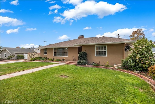 single story home with a chimney, a front yard, and stucco siding