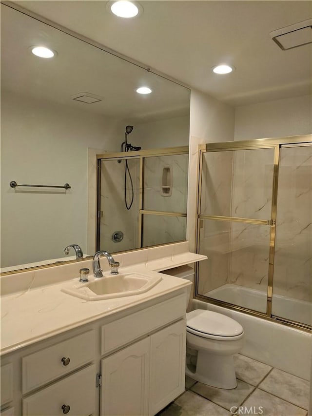 full bathroom with recessed lighting, shower / bath combination with glass door, vanity, and toilet