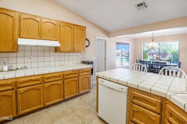 kitchen with lofted ceiling, visible vents, backsplash, white dishwasher, and under cabinet range hood