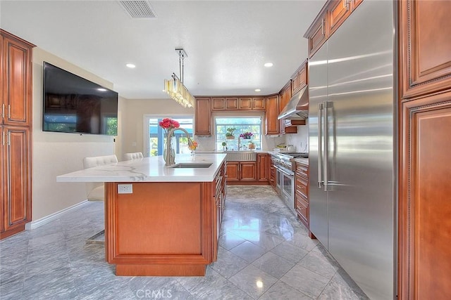 kitchen with visible vents, high end appliances, light countertops, under cabinet range hood, and a sink