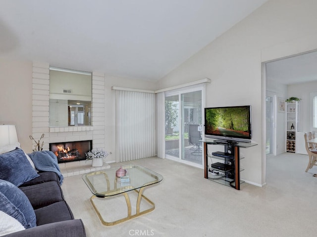 27740 Via Sarasate, Mission Viejo, CA 92692 - carpeted living area featuring a brick fireplace and lofted ceiling