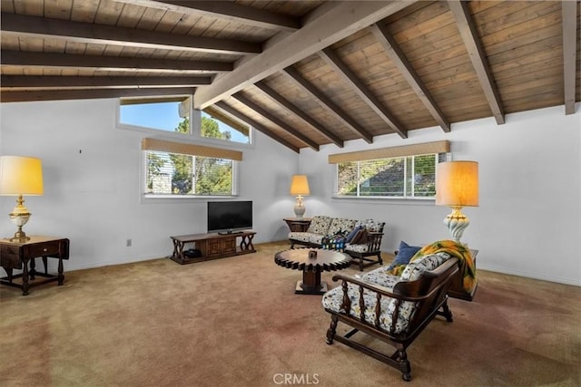 living room with wooden ceiling, carpet flooring, vaulted ceiling with beams, and baseboards