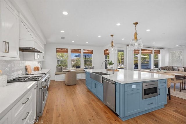 kitchen with blue cabinetry, light wood-style flooring, a sink, stainless steel appliances, and open floor plan