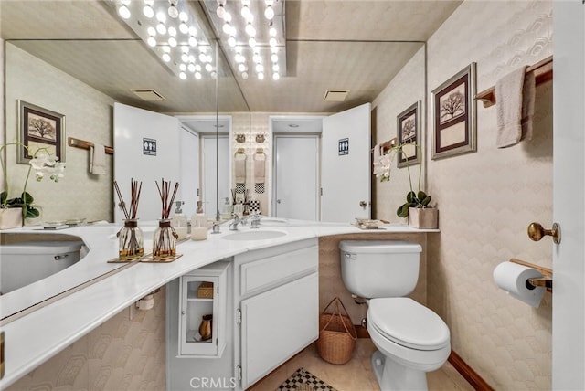 6153 Peridot Ave, Alta Loma, CA 91701 - bathroom with toilet, wallpapered walls, vanity, and tile patterned floors