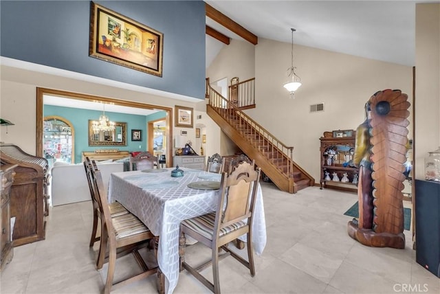 6153 Peridot Ave, Alta Loma, CA 91701 - dining room featuring a chandelier, stairs, high vaulted ceiling, and beamed ceiling