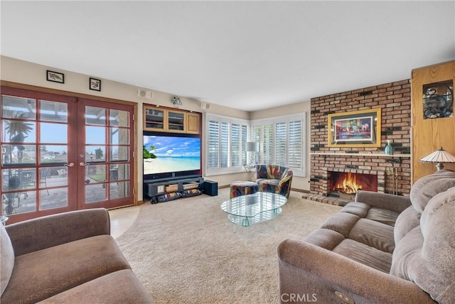 6153 Peridot Ave, Alta Loma, CA 91701 - carpeted living area with french doors and a brick fireplace