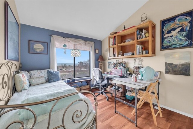 6153 Peridot Ave, Alta Loma, CA 91701 - bedroom with wood finished floors, an office area, lofted ceiling, and baseboards