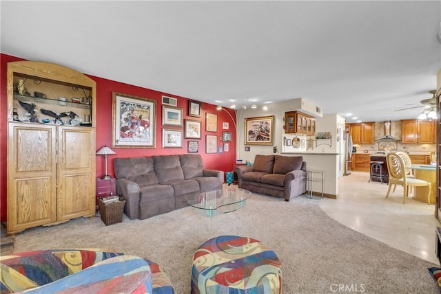 6153 Peridot Ave, Alta Loma, CA 91701 - living area featuring ceiling fan, light carpet, and recessed lighting