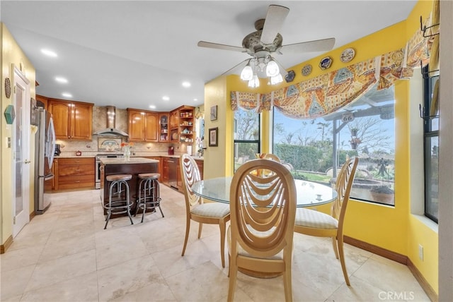 6153 Peridot Ave, Alta Loma, CA 91701 - dining space featuring a ceiling fan, baseboards, recessed lighting, and light tile patterned flooring