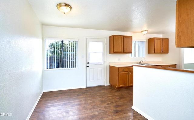 kitchen with a sink, baseboards, light countertops, brown cabinets, and dark wood finished floors