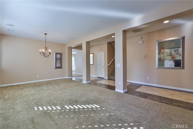 tiled spare room featuring recessed lighting, a notable chandelier, baseboards, stairs, and carpet