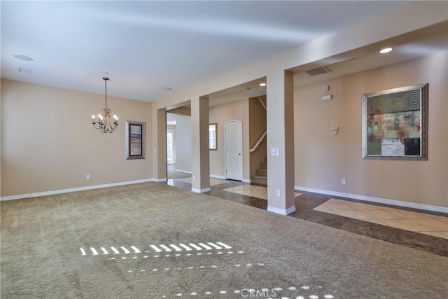 1230 Cantania Dr, Redlands, CA 92374 - unfurnished living room with recessed lighting, carpet flooring, baseboards, a chandelier, and stairs