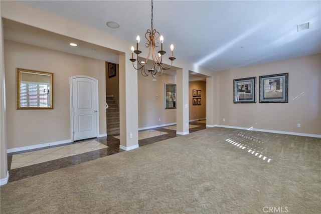 1230 Cantania Dr, Redlands, CA 92374 - unfurnished living room with stairs, recessed lighting, a chandelier, inlaid floor details, and carpet flooring