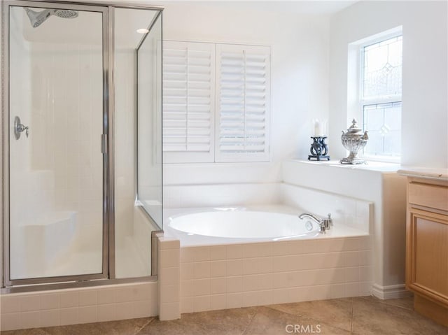 1230 Cantania Dr, Redlands, CA 92374 - full bathroom with a stall shower, a bath, and tile patterned floors