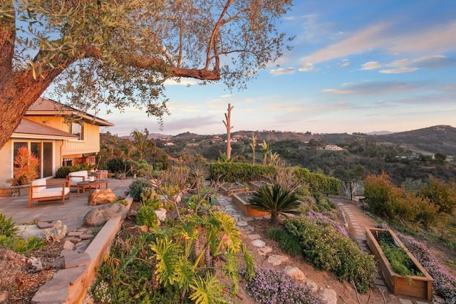 yard at dusk featuring a patio area, a vegetable garden, and a mountain view