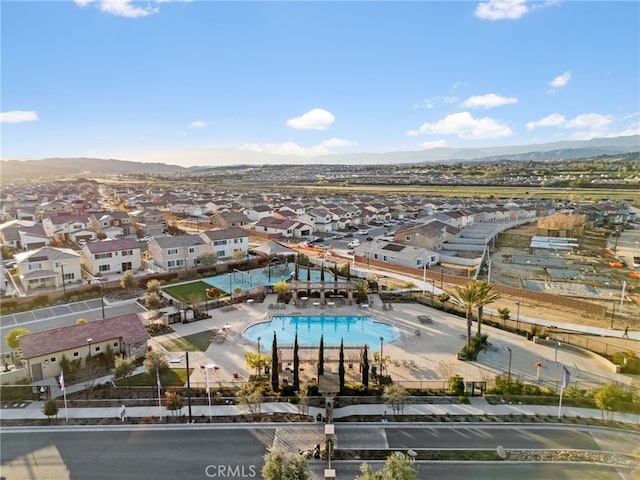 aerial view featuring a residential view and a mountain view