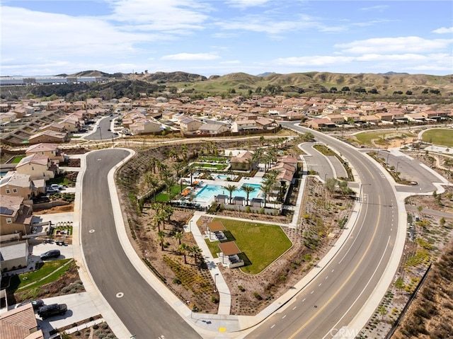 bird's eye view featuring a residential view and a mountain view