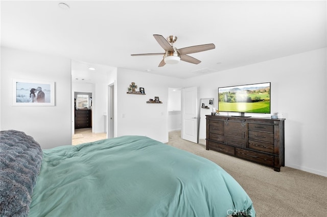 bedroom featuring carpet, baseboards, and ceiling fan