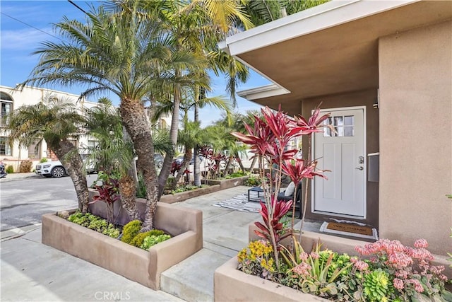 property entrance with stucco siding