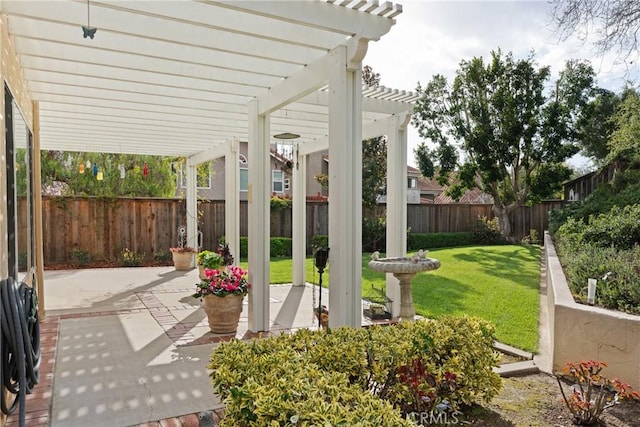 view of patio / terrace featuring a fenced backyard and a pergola