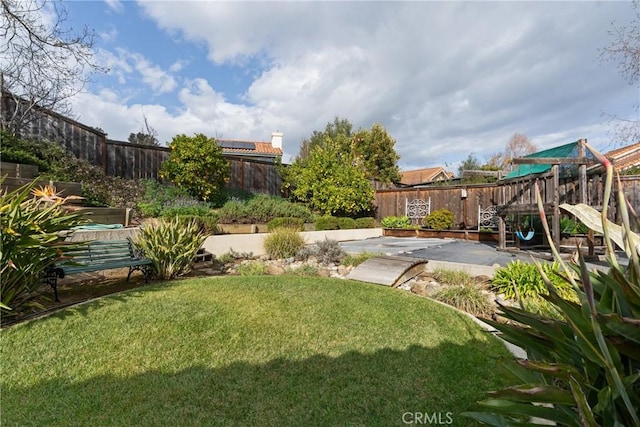 view of yard with a patio area, a fenced backyard, and a playground