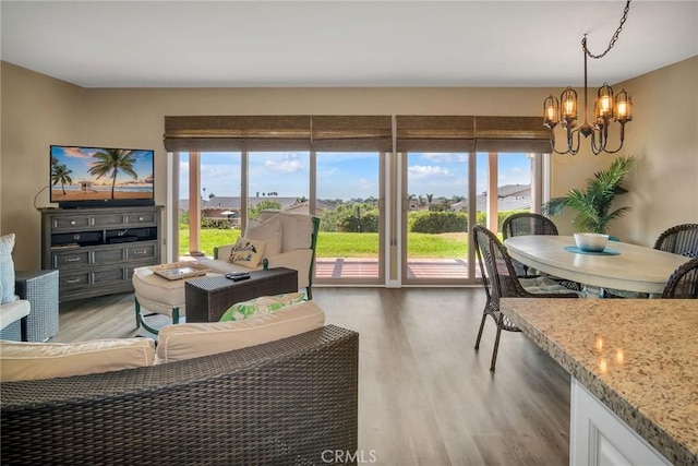 interior space with a healthy amount of sunlight, light wood finished floors, and a chandelier