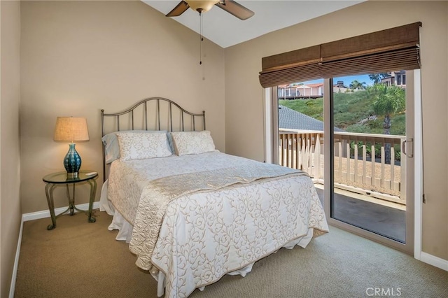 bedroom with lofted ceiling, ceiling fan, carpet flooring, baseboards, and access to exterior