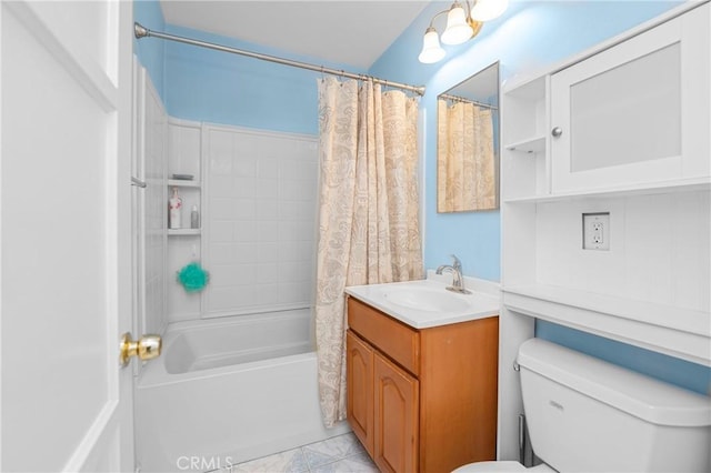 full bathroom featuring toilet, shower / bathtub combination with curtain, and vanity