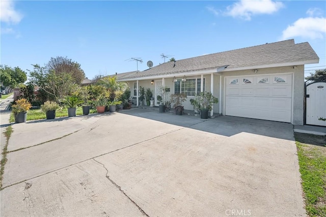 ranch-style house with an attached garage, roof with shingles, concrete driveway, and stucco siding