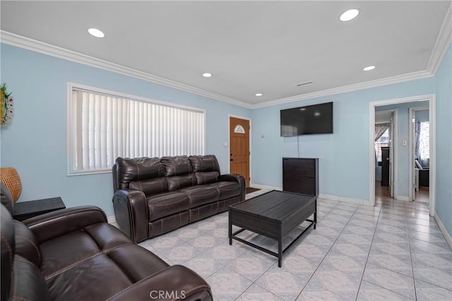 living room featuring recessed lighting, crown molding, baseboards, and light tile patterned floors