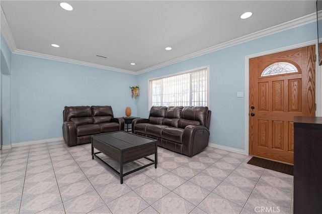 living room featuring light tile patterned floors, baseboards, crown molding, and recessed lighting