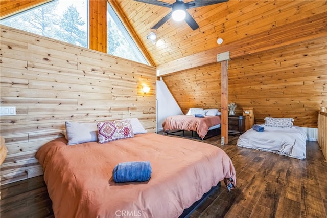 bedroom featuring wooden ceiling, multiple windows, wood walls, and wood finished floors