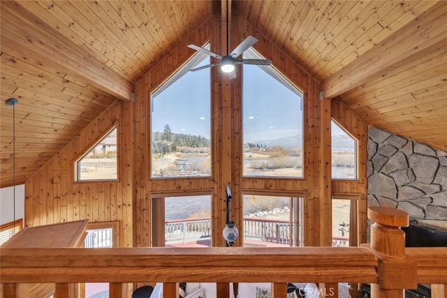 interior details with wood ceiling, beam ceiling, ceiling fan, and wooden walls