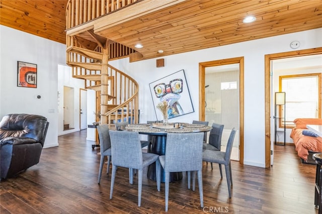 dining room featuring wood ceiling and dark wood-style flooring