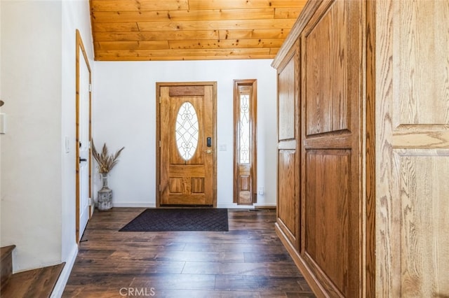 entryway with wooden ceiling and dark wood-type flooring