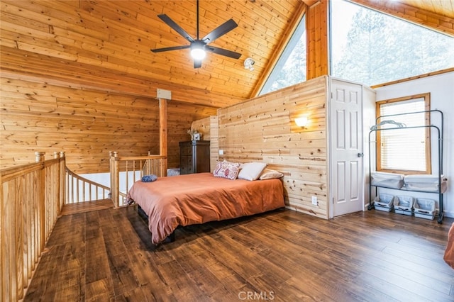 bedroom featuring high vaulted ceiling, wood finished floors, wood ceiling, and wooden walls