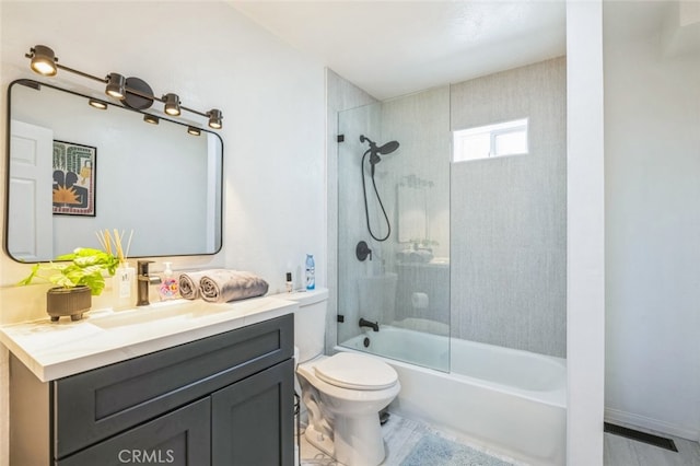 full bath with shower / washtub combination, visible vents, vanity, and toilet