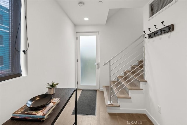 1923 N Gower St, Los Angeles, CA 90068 - entrance foyer with stairway, recessed lighting, wood finished floors, and baseboards