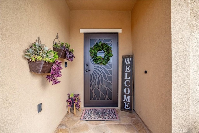 entrance to property featuring stucco siding