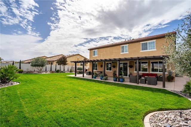 back of house with stucco siding, outdoor lounge area, a lawn, fence, and a pergola