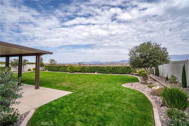 view of yard featuring a patio area, a fenced backyard, and a mountain view