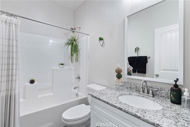 full bath featuring vanity, toilet, and shower / bathtub combination with curtain