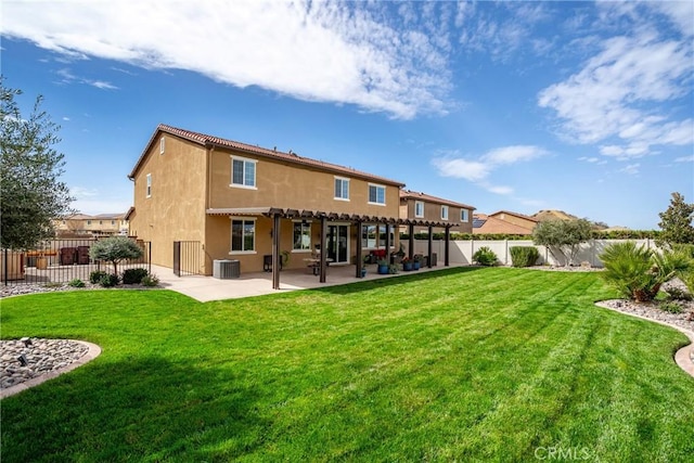 back of house with a patio, a fenced backyard, a yard, central air condition unit, and a pergola