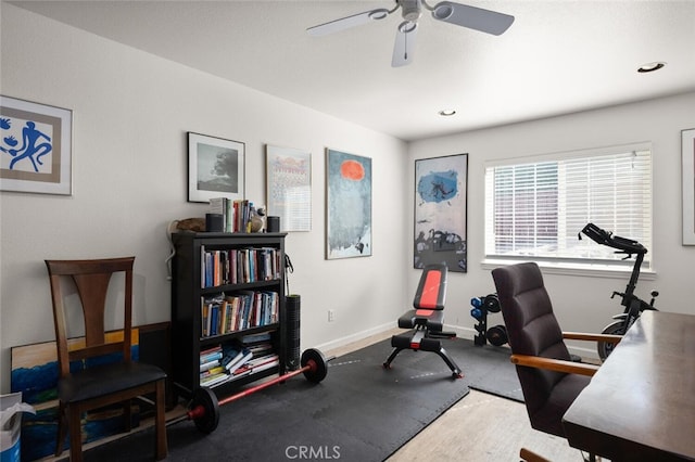 office area with recessed lighting, ceiling fan, and baseboards