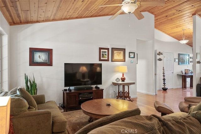 living room with ceiling fan, high vaulted ceiling, wood finished floors, wood ceiling, and baseboards