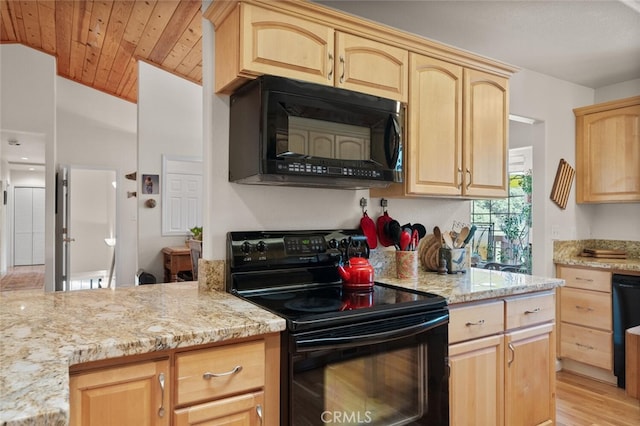 kitchen with lofted ceiling, light wood-style floors, wood ceiling, light brown cabinets, and black appliances