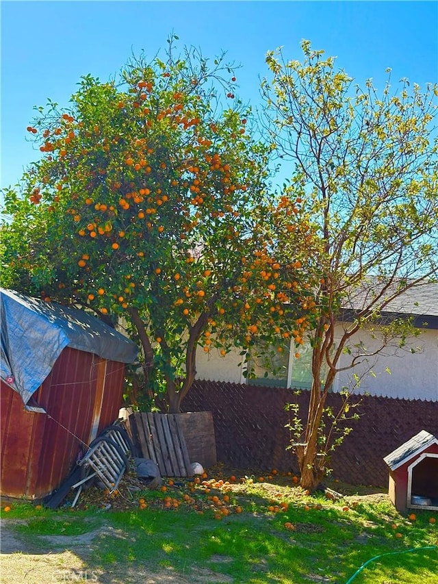 view of yard with an outdoor structure, a storage shed, and fence