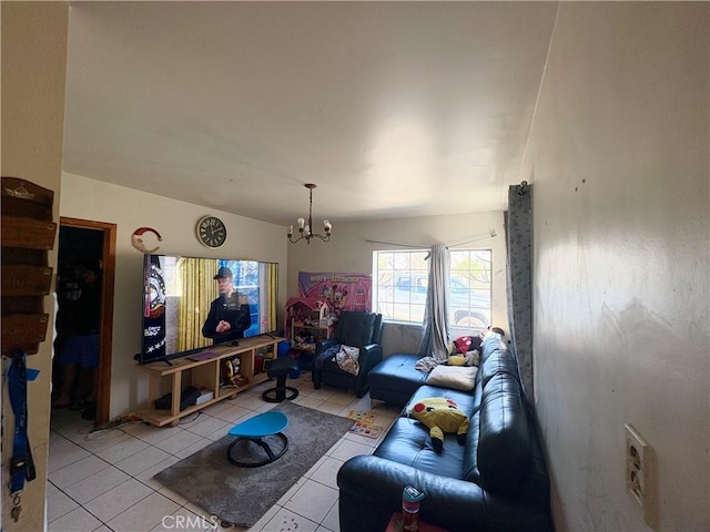 living room with a chandelier, tile patterned flooring, and vaulted ceiling